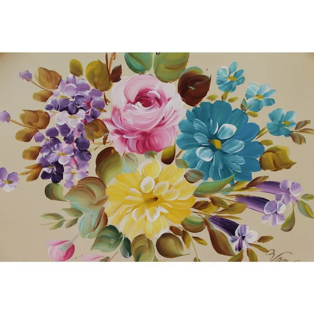 Nashco Tole Painted Metal Tray Vintage Hand Painted Floral Toleware Beige